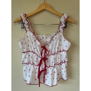 SugarKiss Cherry Print Ruffle Tie Front Crop Top – Cottagecore Y2K Kawaii